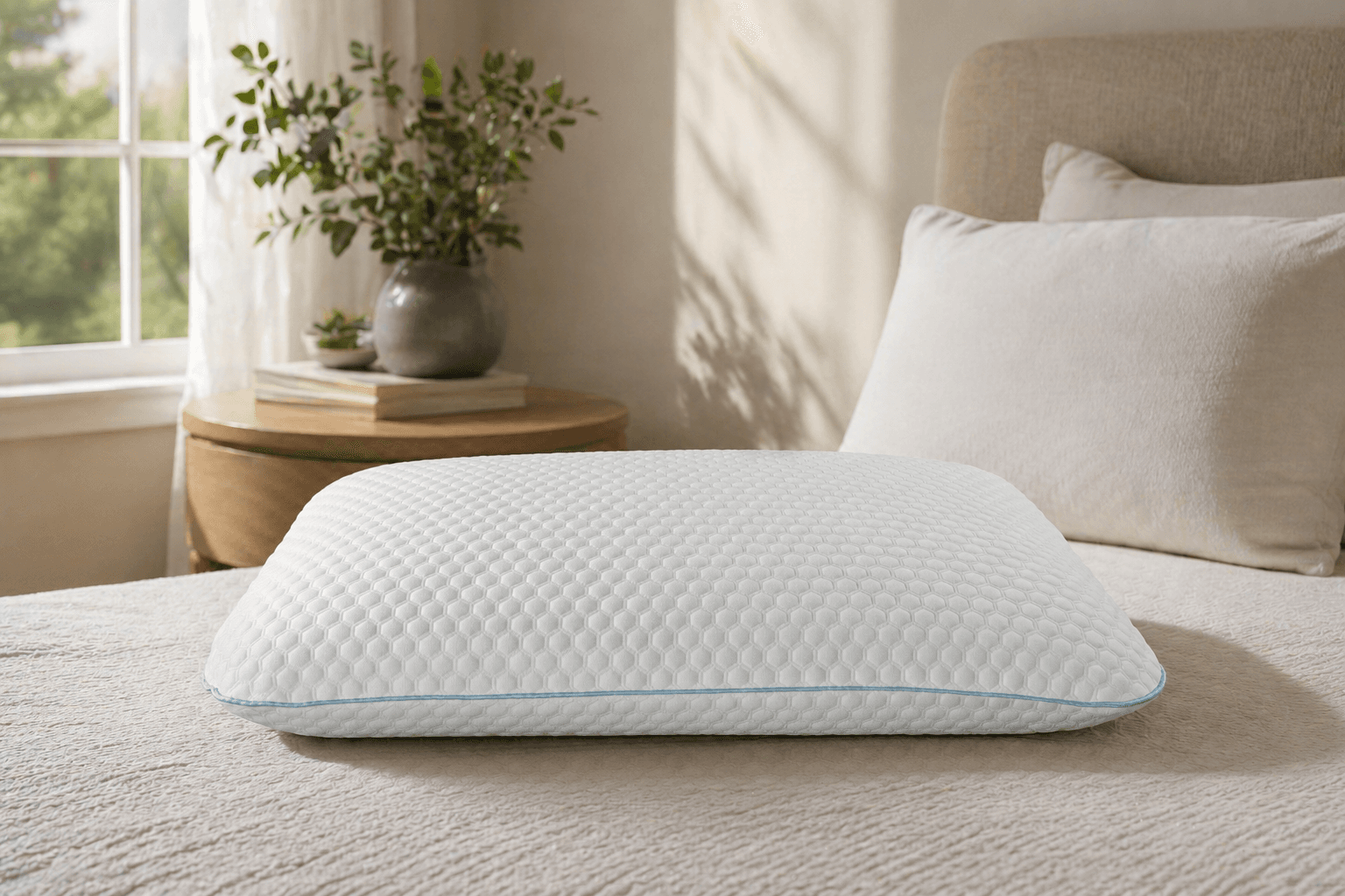 Layered linen bedding featuring a Maple Sleep pillow.