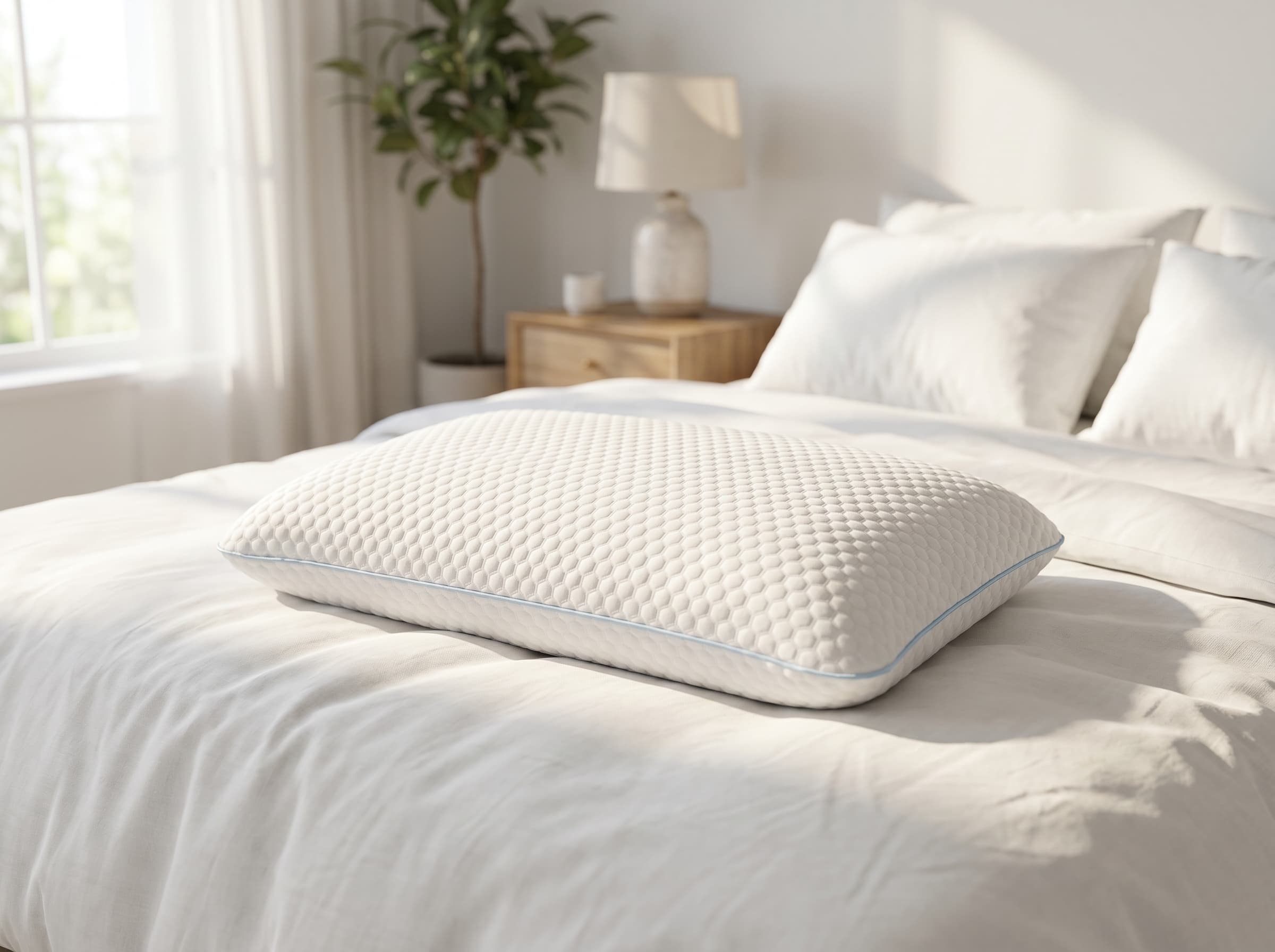 Premium bedroom scene with a Maple Sleep pillow centred.