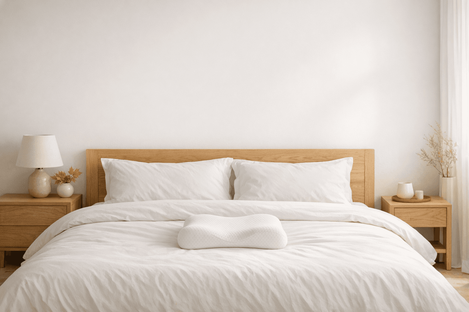 Maple Sleep pillow centered on a calm, minimal bed — final CTA product shot.