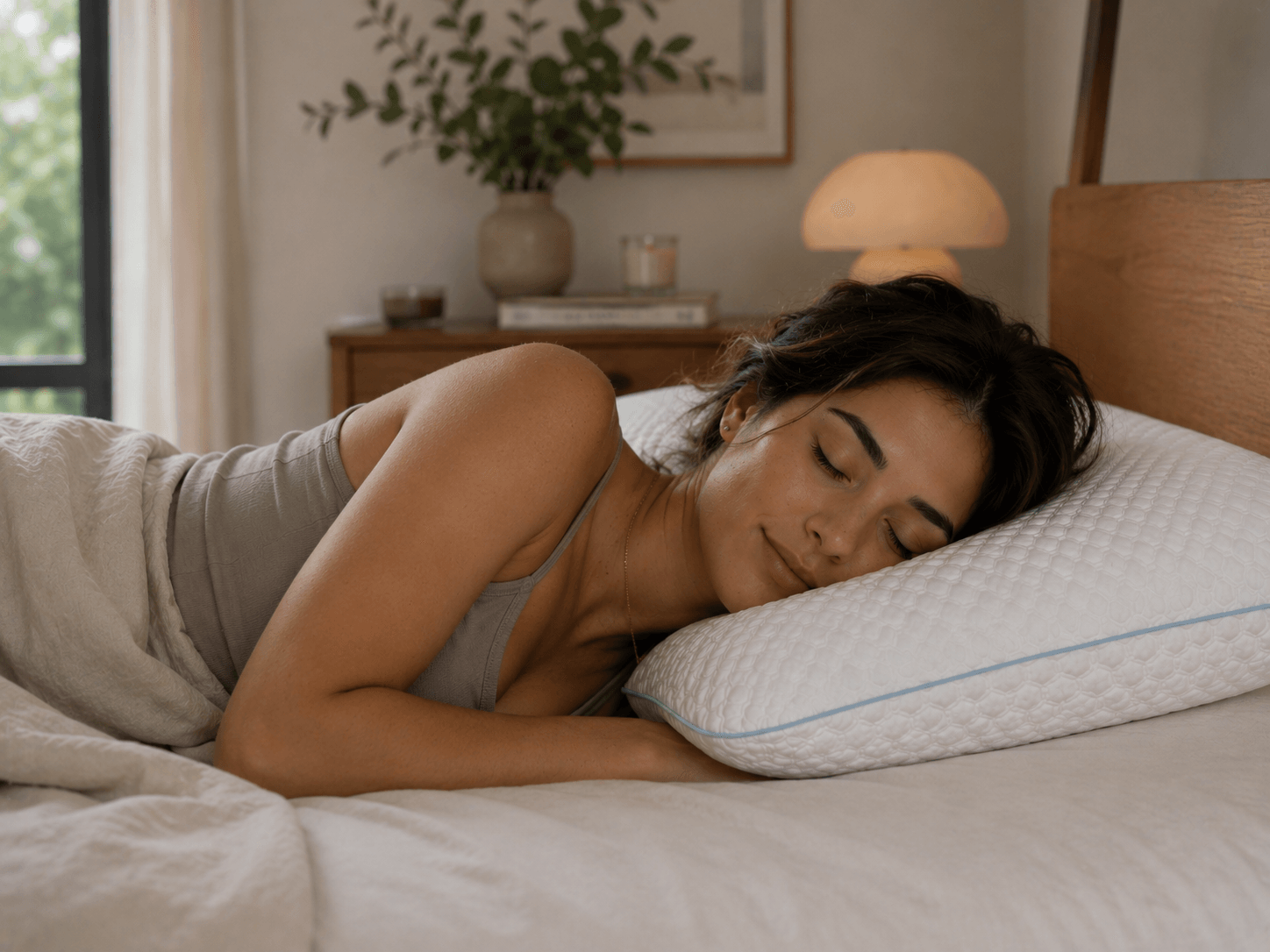 Side sleeper resting on a white Maple Sleep pillow with blue edge piping in a warm bedroom.