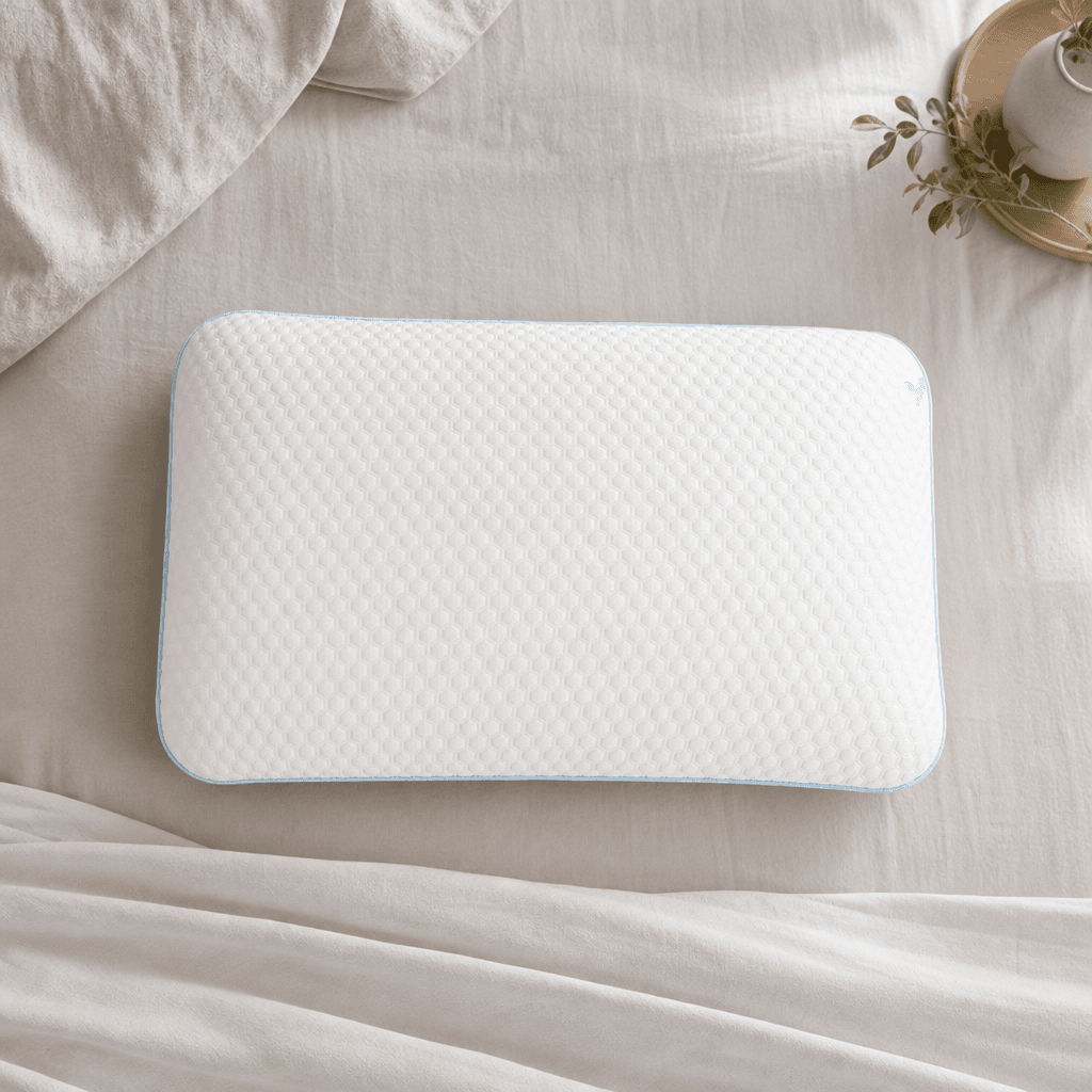 Maple Sleep pillow shown from above on soft bedding with a quilted white cover and blue edge piping.