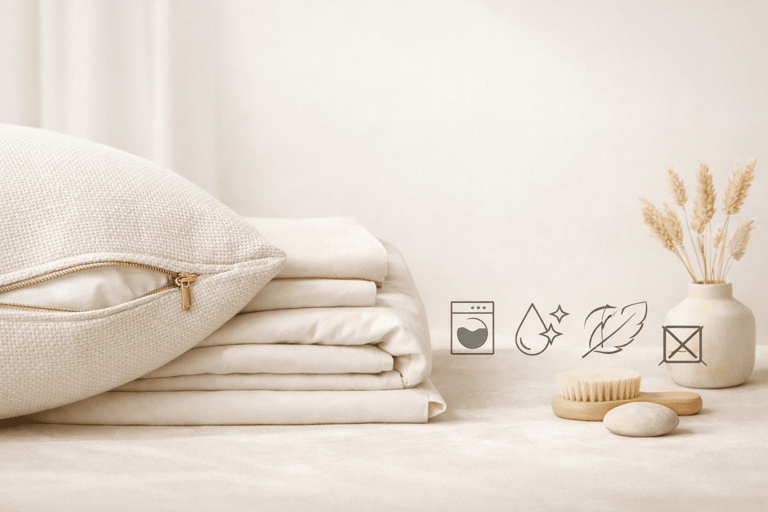 Maple Sleep FAQ and care illustration showing removable cover and folded bedding.